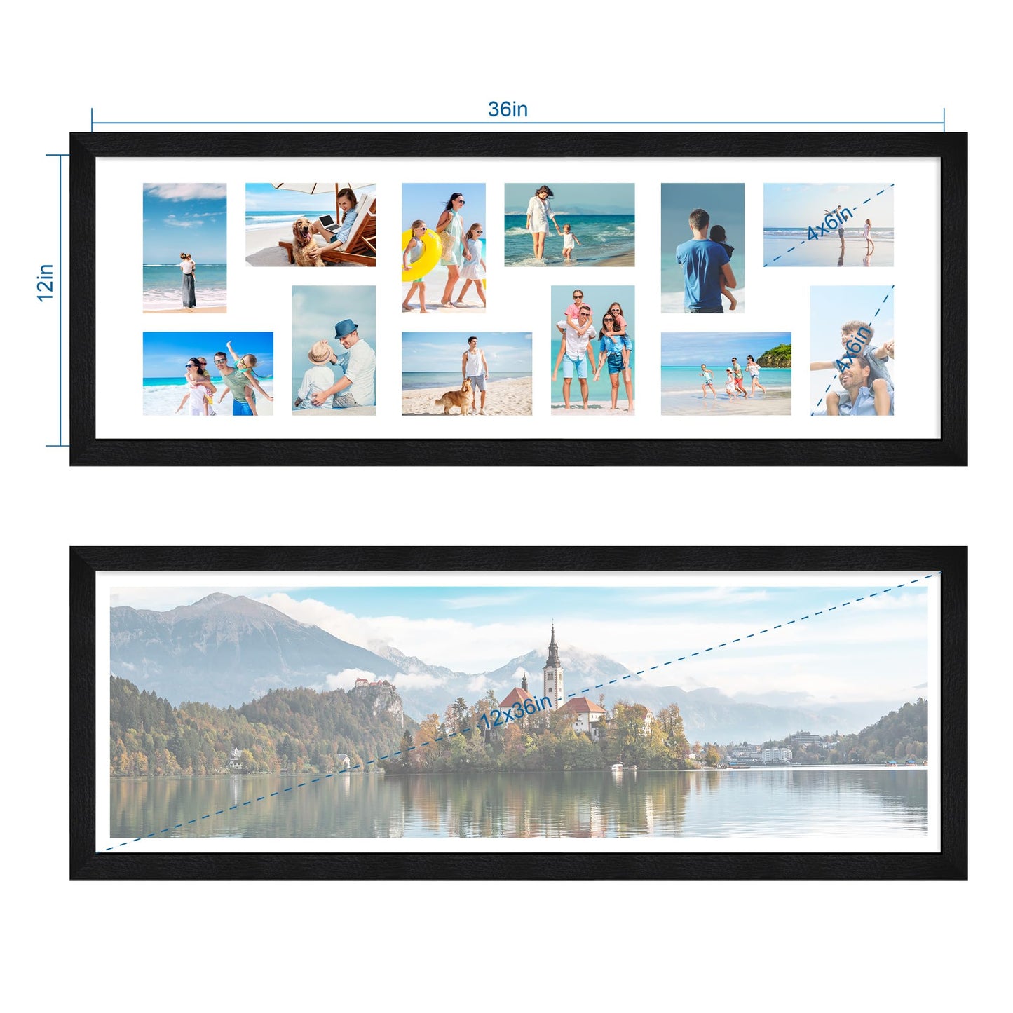 Hongkee 12x36 Picture Frame 2 Packs, Real Glass and Rustic Black Wood Frame, Display Collage Pictures Twelve 4x6 With Mat or Pennant 12 x 36 Without Mat - Horizontal or Vertical Wall Mounting