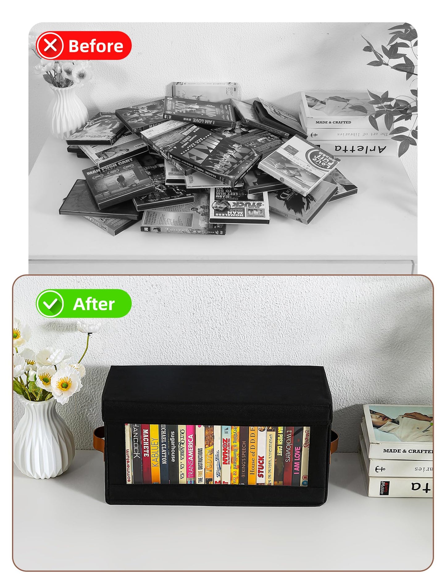 Coorganisers 4 Packs DVD Storage Box with Visible Window, Dustproof DVD Case Holder Organizer with Lid and Handles, Holds Up to 104 Cases, CD Holder for Blu-ray & CD Storage-15.75 x 6.10 x 8.07In