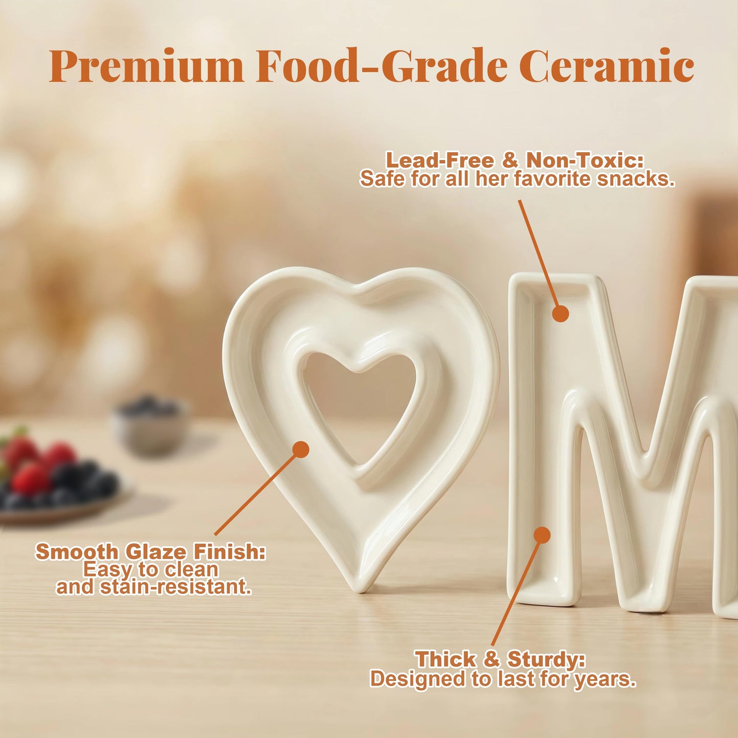 Mother’s Day & Birthday Gifts for Mom - Ceramic "MOM" Letter Candy Dishes & Charcuterie Board Set with 12 Gold Serving Utensils & 3D Greeting Card - Unique Table Decor for Party & Afternoon Tea