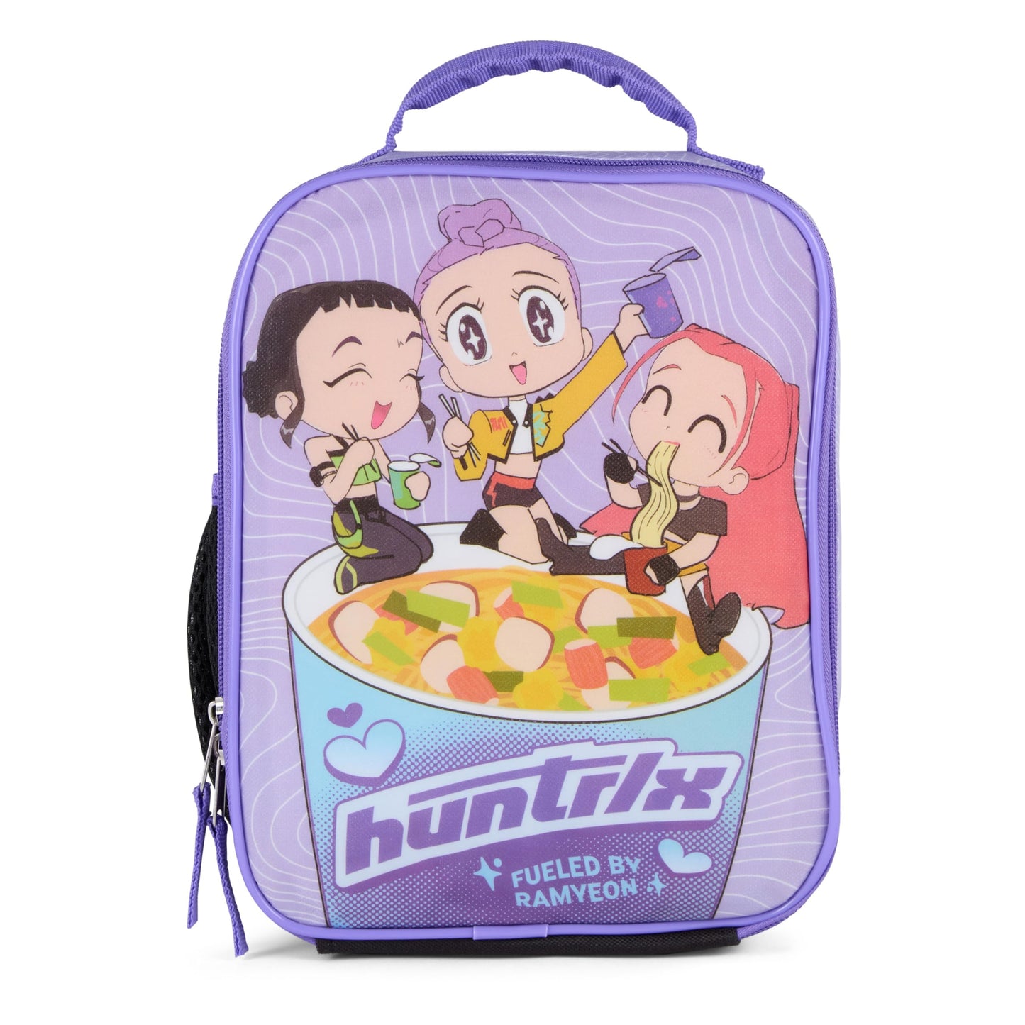K-Pop Demon Hunters Huntrix Fueled by Ramyeon Lunch Box, Full Zip Around Insulated Lunch Tote Bag For Hot and Cold Food, Purple