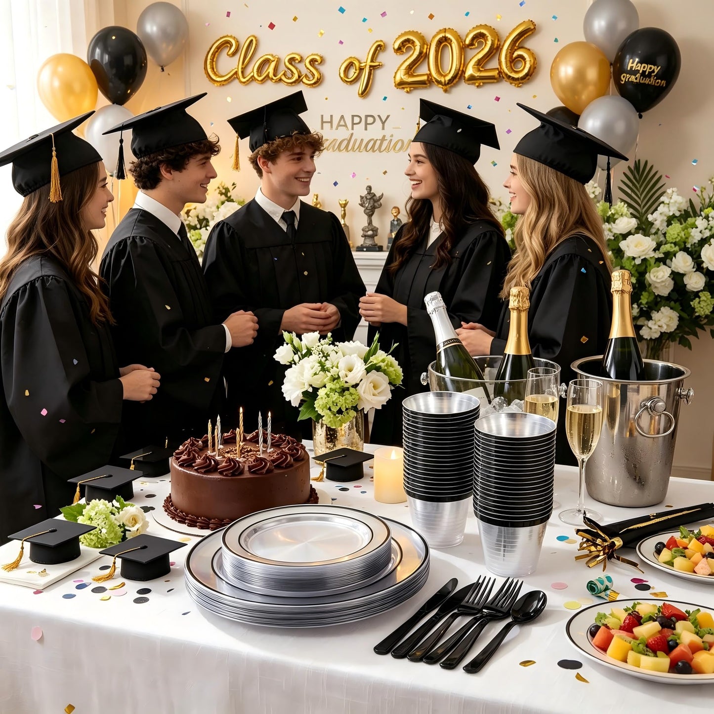 I00000 350 Pcs Black Plastic Dinnerware Set for 50 Guests Include: 50 Dinner Plates, 50 Dessert Plates, 50 Pre Rolled Napkins with Cutlery Set, 50 Cups for Birthday, Wedding Party Graduation