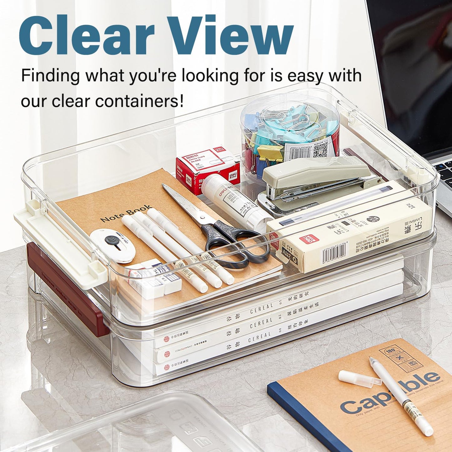 4 Pack 5.5qt 9 x 13 Clear Plastic Storage Box with Snap-Tight Latch, Stackable Organizer Container for A4 Files, Photos, Documents, Scrapbook, Crafts, and Art Supplies,Clear Storage Box With Lids