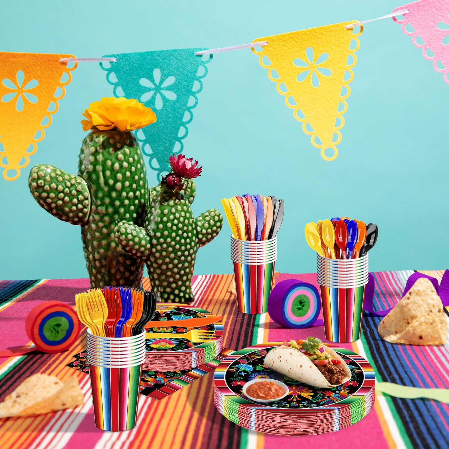 175 Pcs Fiesta Tableware Set – Serves 25, Mexican Party Supplies Disposable Plates, Cups, Napkins, Forks, Spoons, Knives with Floral and Serape Stripe Design for Cinco de Mayo, Birthday Celebrations