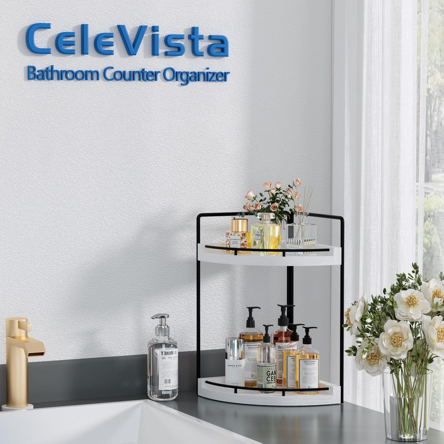 CeleVista Corner Bathroom Counter Organizer, 3 Tier Bathroom Storage Countertop for Skincare, Sink Shelf for Kitchen Decor, Vanity, Dresser, Makeup, Gift(Rustic Brown)