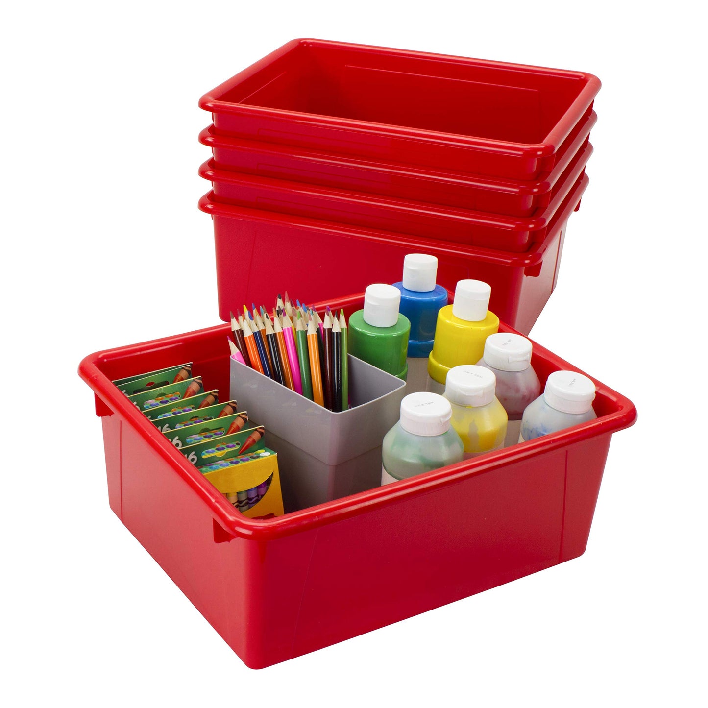 Storex Letter Size Deep Storage Tray – Organizer Bin with Non-Snap Lid for Classroom, Office and Home, Red, 5-Pack (62545A05C)