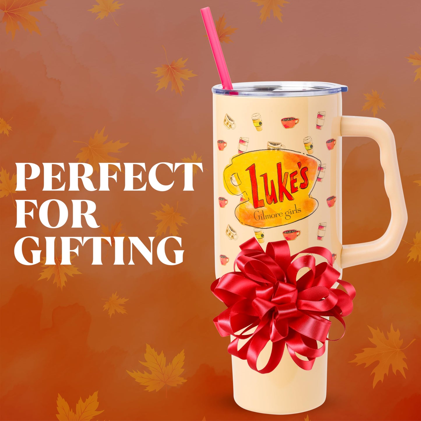 Silver Buffalo Gilmore Girls Luke's Diner Double Walled Stainless Steel Tumbler with Handle and Straw, Fits in Standard Cup Holder, 40 Ounces