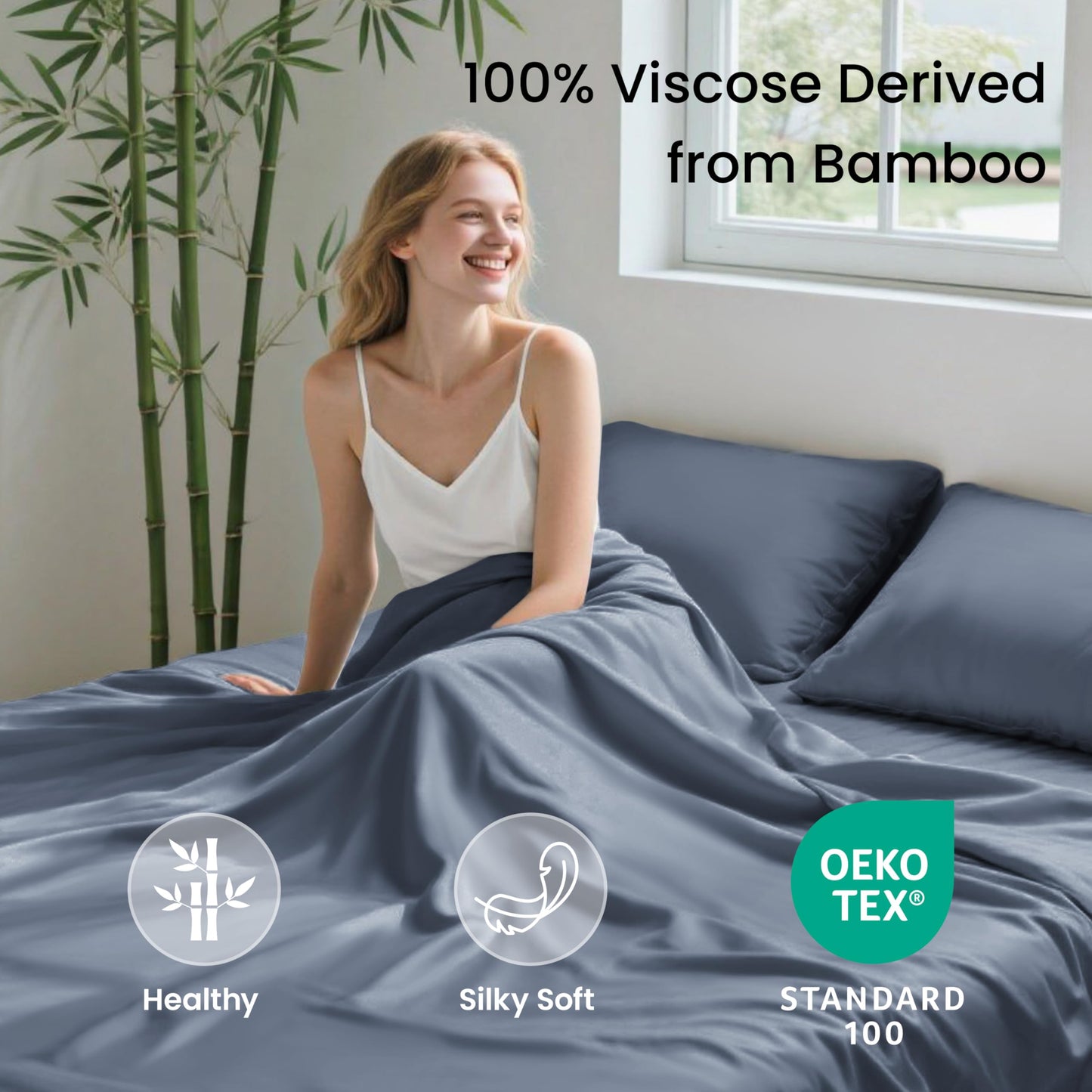 Love's cabin 4 Piece Queen Sheet Set, 100% Rayon Derived from Bamboo, Cooling & Breathable, Soft Silky Deep Pocket up to 16", Hotel Luxury Bedding for Hot Sleepers, Bluish Grey