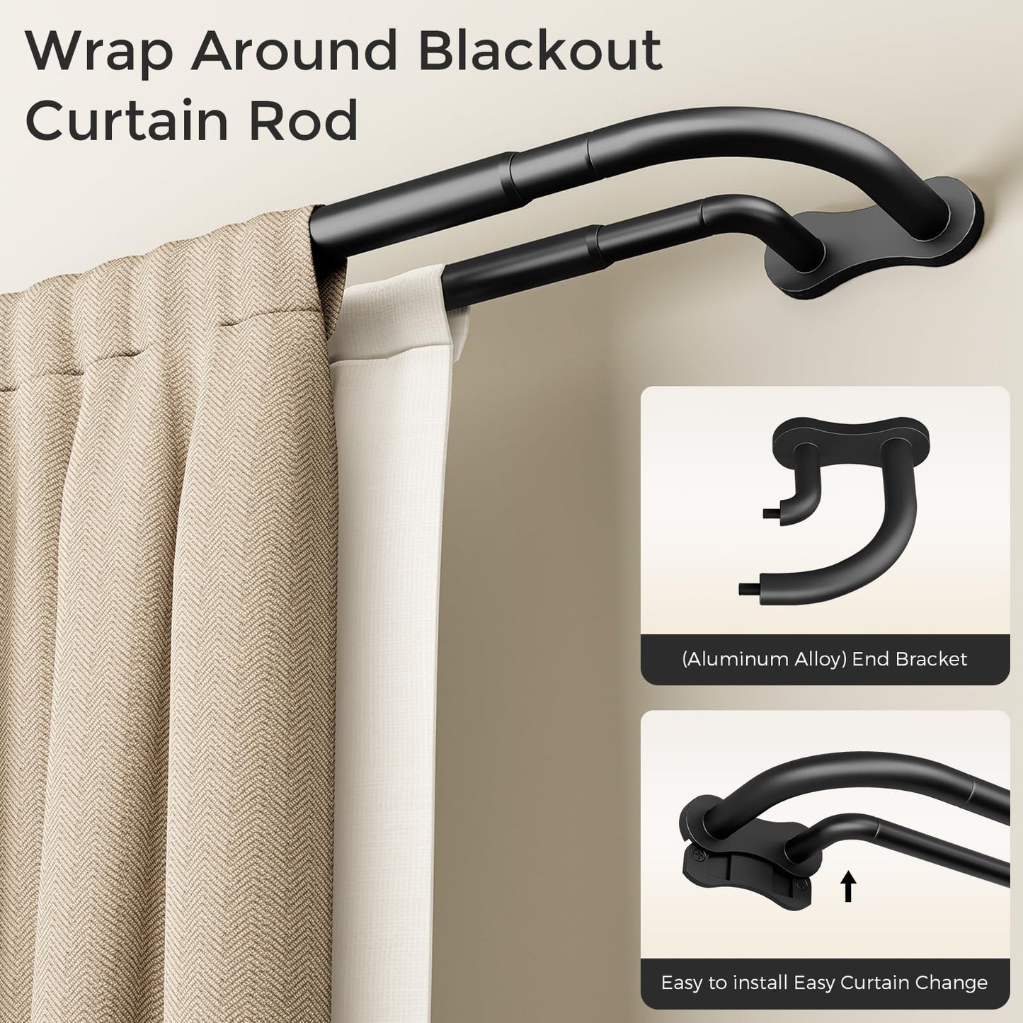 Double Curtain Rod 34-92 Inch, Black Wrap Around Blackout Dual Curtain Rods for Windows, Adjustable Heavy Duty Curved Spliced Room Darkening Double Rods, All Metal, Aluminium Bracket