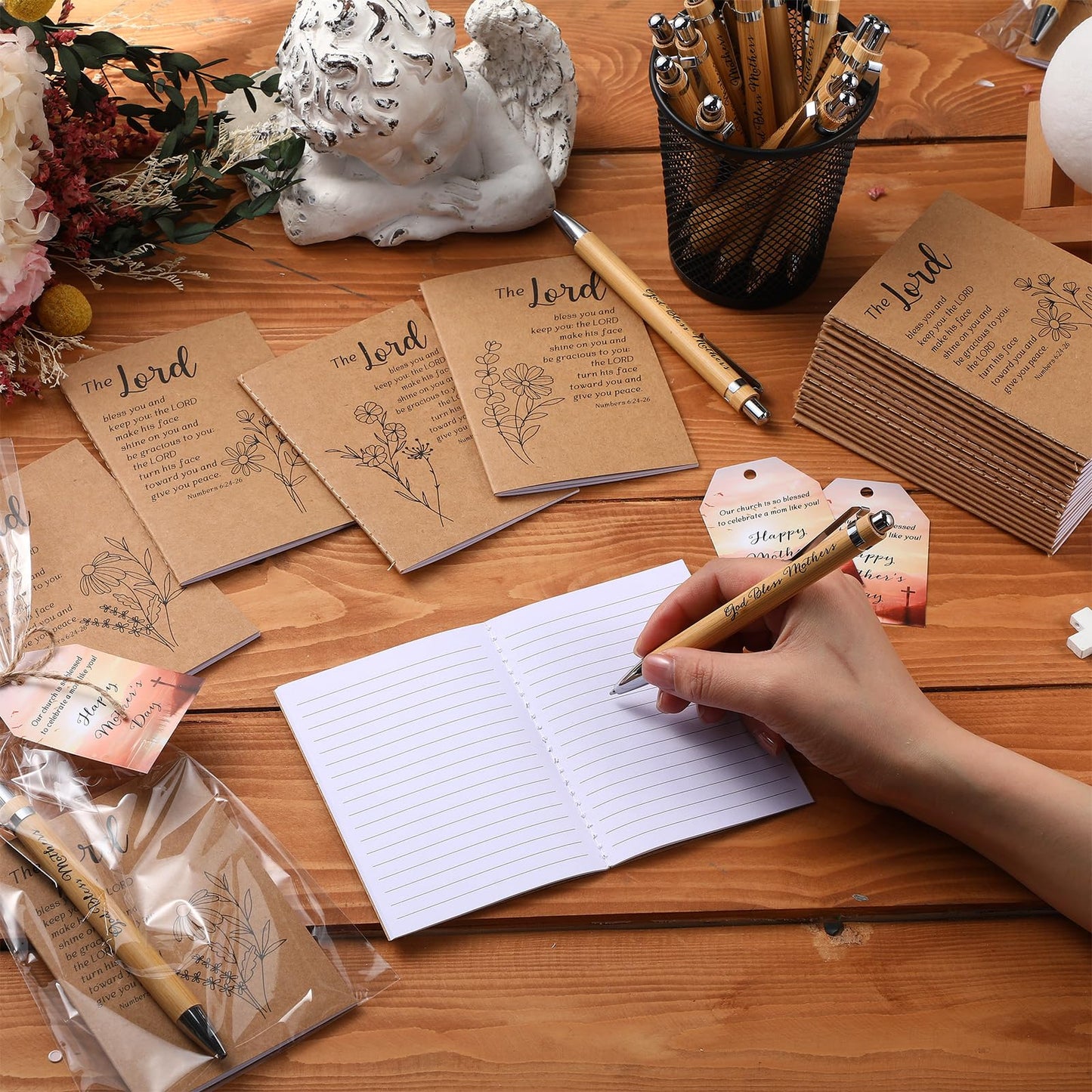 Moinchore 75 Sets Mothers Gifts Christian Bible Verse God Bless Mothers Pens Religious Notebooks Christian Gift Cards with Bags Twine for Women Church Sunday School (Flower)