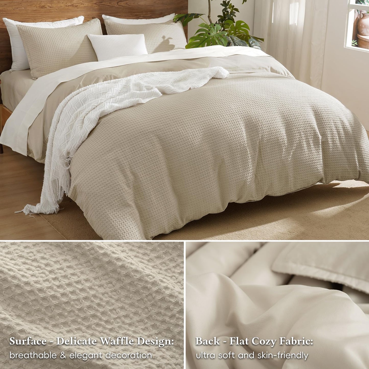 David's Home Waffle Weave Duvet Cover Set King Size,Soft Breathable 3pcs Comforter Cover Set with 2 Pillowcases,Textured Home Decor Bedding Set Cozy for All Seasons, Nature 104"×90",No Comforter