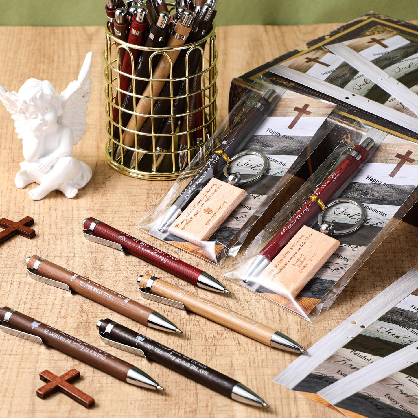 Spakon 120 Pcs Fathers Day Church Gifts Bulk, 40 Bible Verse Bamboo Pens 40 Church Keychains 40 Cross Bookmarks and Bags for Religious Sunday School Christian Party