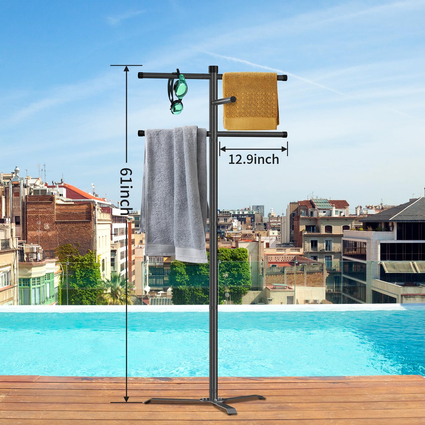 Qufiona Pool Towel Rack Outdoor, Heavy Duty Outdoor Towel Rack, 61 Inch Free Standing Rack for Pool & Hot Tub, Drying Towels, Swimsuits, Life Jackets and Goggles, Ideal Pool Accessories