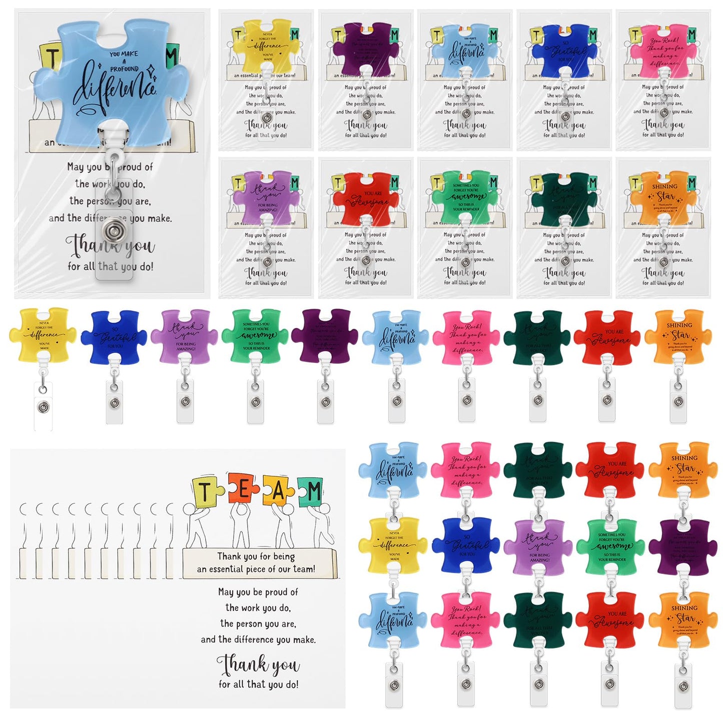 ReliThick 40 Set Employee Appreciation Gifts Bulk, Puzzle Badge Reel with Thank You Cards, Retractable ID Badge Holder for Nurse Teacher Staff Team Coworker Hospital School CNA Week (10 Styles)