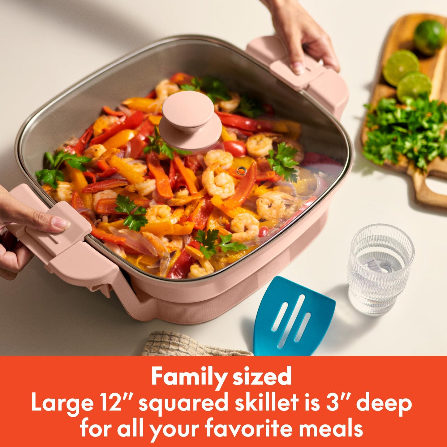 bella Make & Take Electric Skillet, Fits-anywhere™ kitchenware, EverGood™ Ceramic Coating, Adjustable Temperature & Dishwasher-Safe Tempered Glass Lid, Cast Aluminum Base, 1200 Watt, Blossom