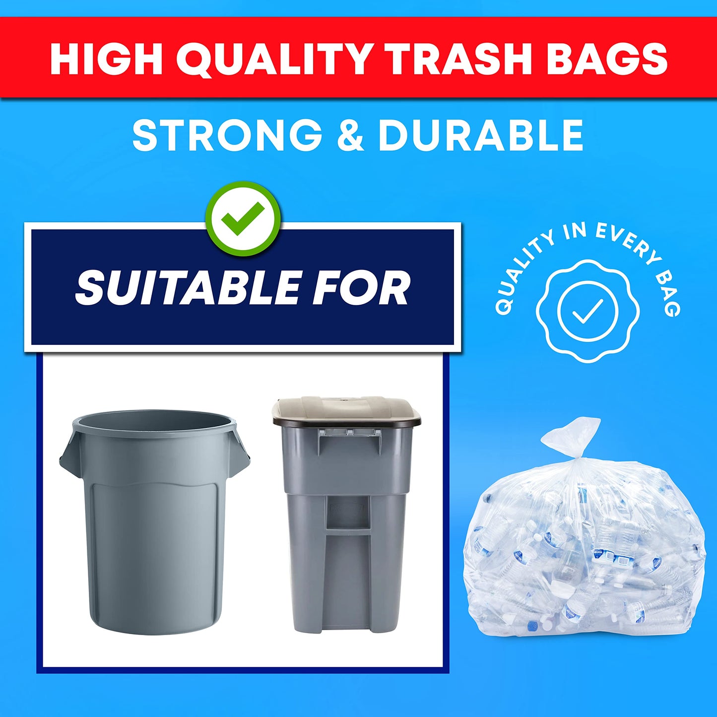 Tasker 30-33 Gallon Clear Trash Bags Heavy Duty (Mega ValuePack 250 Bags) Large Plastic Bags, Great for Recycling 30 Gallon - 32 Gallon - 35 Gallon. Clear Large Trash Bags