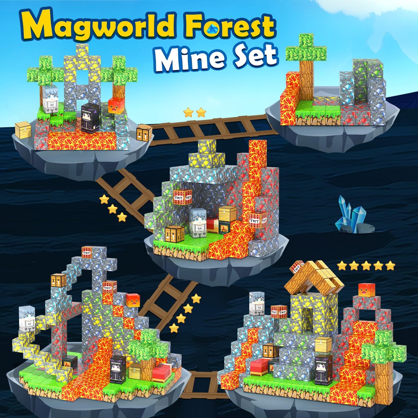 Magnetic Blocks - Build Mine Magnet World Forest Mine Set Magnet Building Blocks Kids Toys for 3+ Year Old Boys & Girls 1'' Magnetic Cubes STEM Sensory Building Toys Kids Game Xmas Gifts