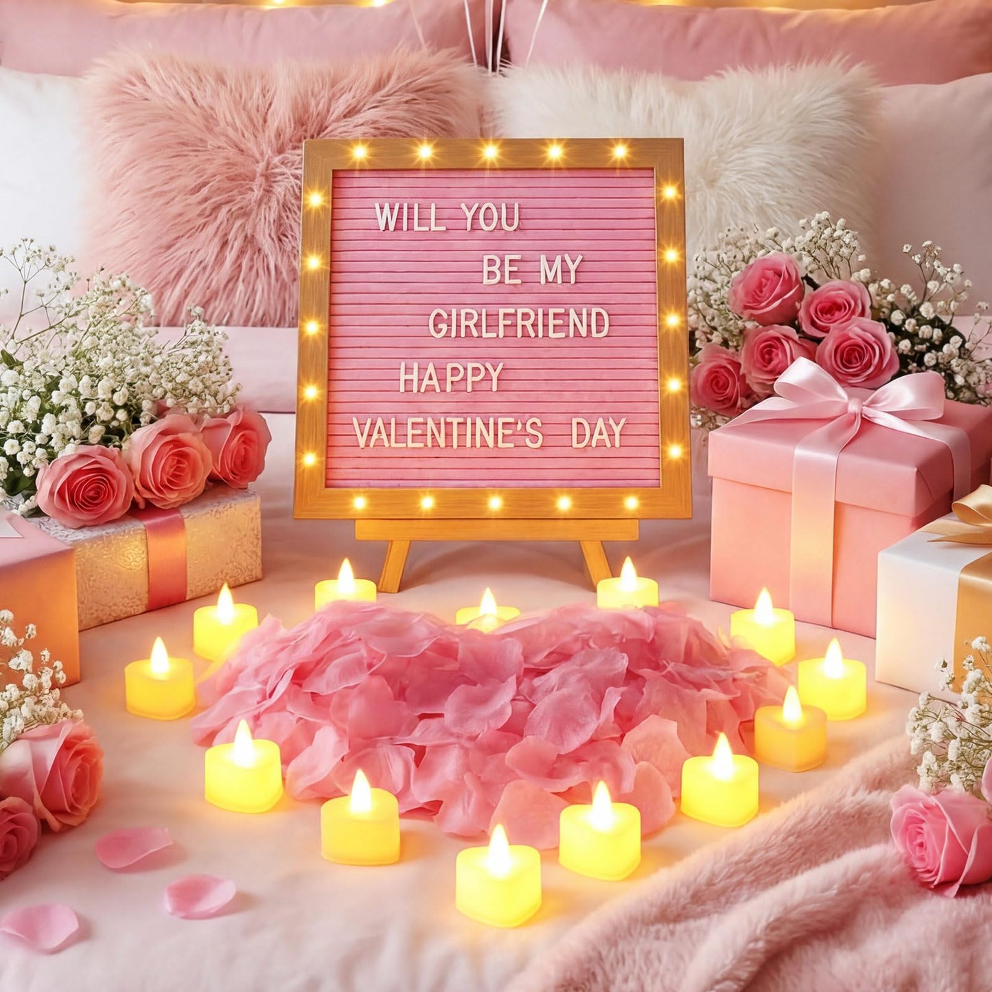 Ceenna Will You Be My Girlfriend Romantic Sign with LED Candles and Artificial Rose Petals, Valentine's Day DIY Felt Letter Wood Board Sign with Lights for Valentine's Day Anniversaries Party(Pink)
