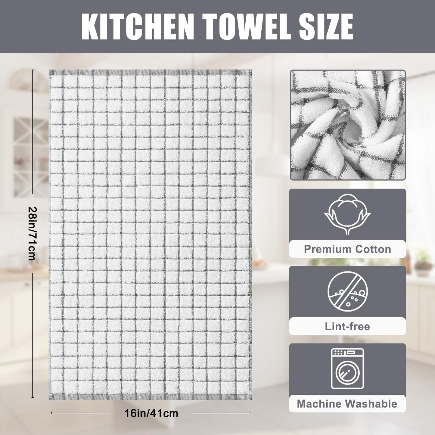 Homaxy Premium Kitchen Towels(16”x 28”, 6 Pack), Large Ring Spun Cotton Dish Towels, Super Absorbent Soft Terry Kitchen Hand Towels, Check Design Tea Towel Set with Hanging Loop, Grey