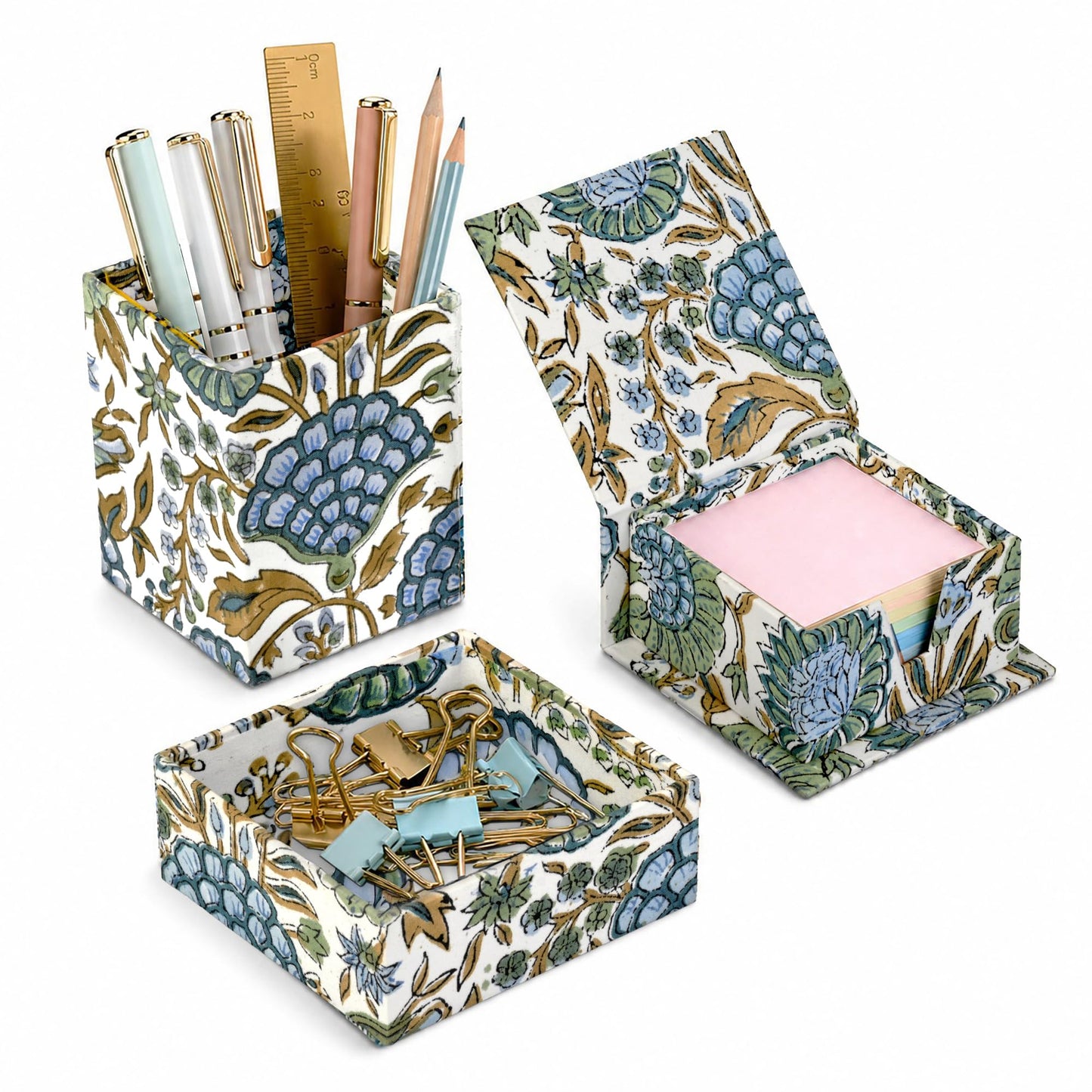 Ridhi Asparagus Green Block Print Handmade Office Desk Organizer Pen and Sticky Note accessories Holder Cute, Aesthetic, Decor workspace Caddy Gift for Office, Teachers, Professionals, Students