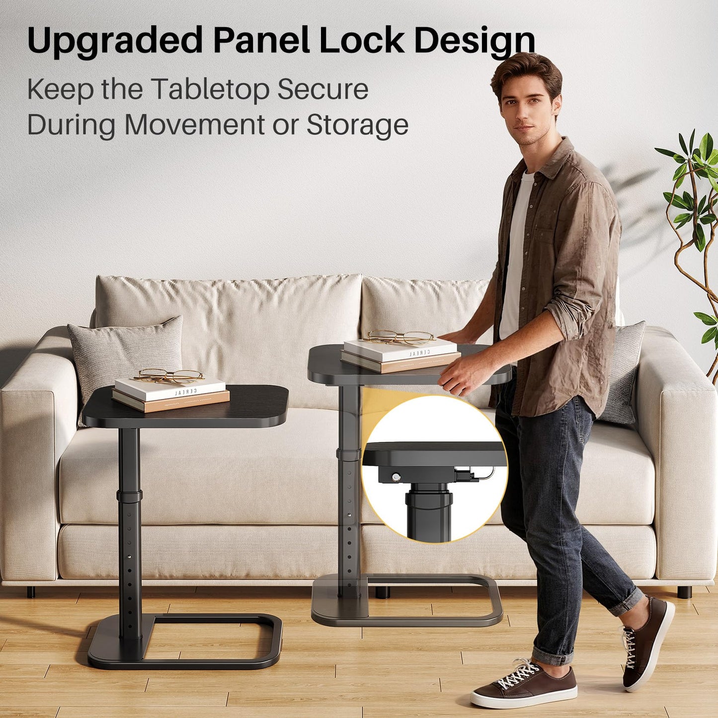 Branwick Adjustable Height TV Tray Table with Bumper Rounded Corner Design & Flip-top Side Table for Bedroom, Living Room, Bathroom and Study, End Table for Eating, Dinner or Laptop, Black