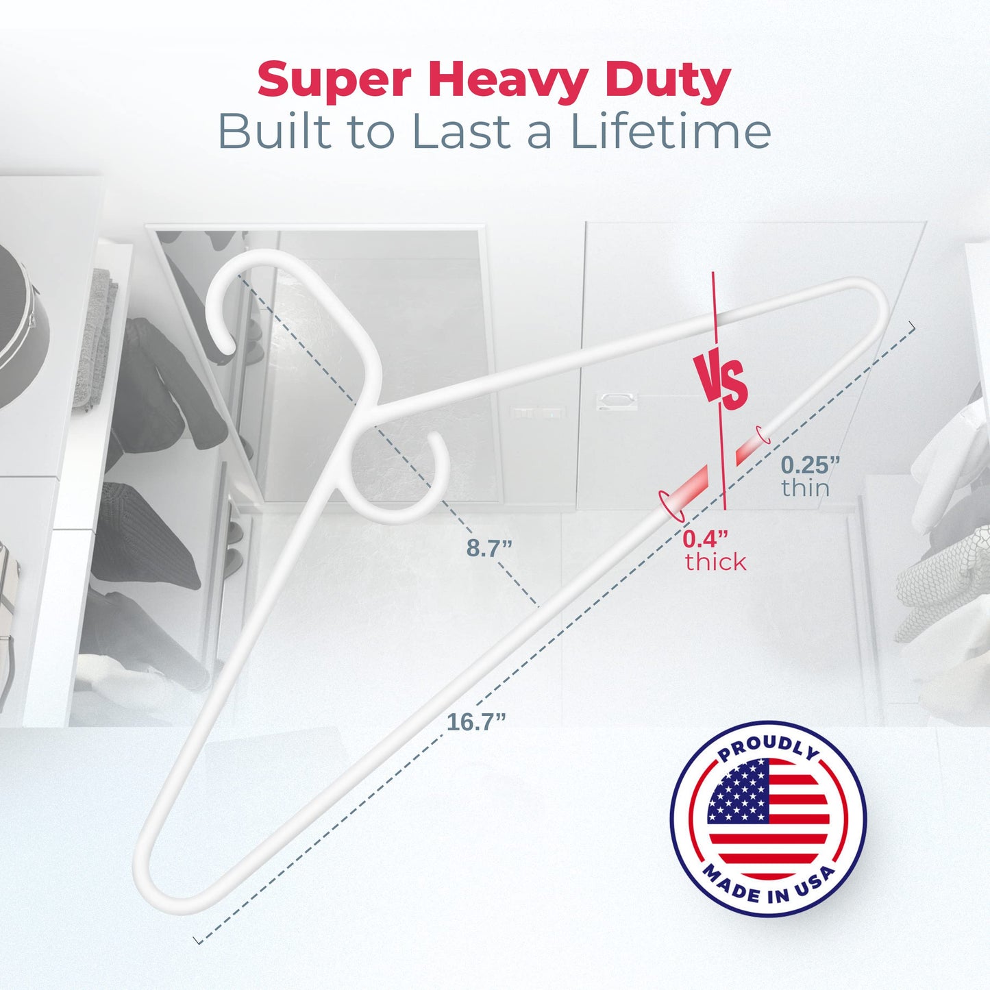Neaties Super Heavy Duty Clothes Hangers 18 Pack – Made in the USA - 10lb Capacity, Thick Plastic Hangers for Pants, Coats, Jackets, Jeans and Adult Clothing – White