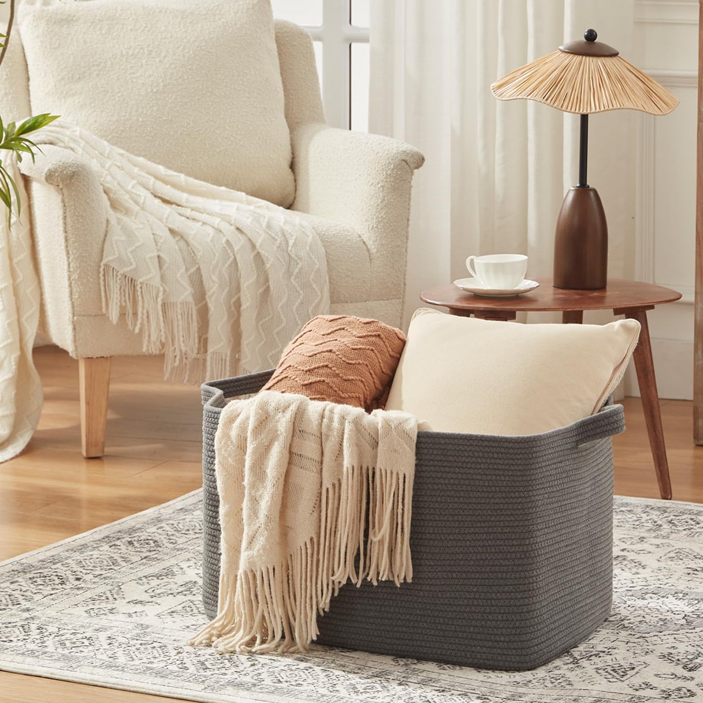 108L Extra Large Blanket Basket, for Living Room, Nursery, Bedroom, Laundry Room,Rectangle Woven Storage with Handles for Comforters, Pillows, Cushions and Toys, 24.8" x 16.2" x 16.2", Dark Grey
