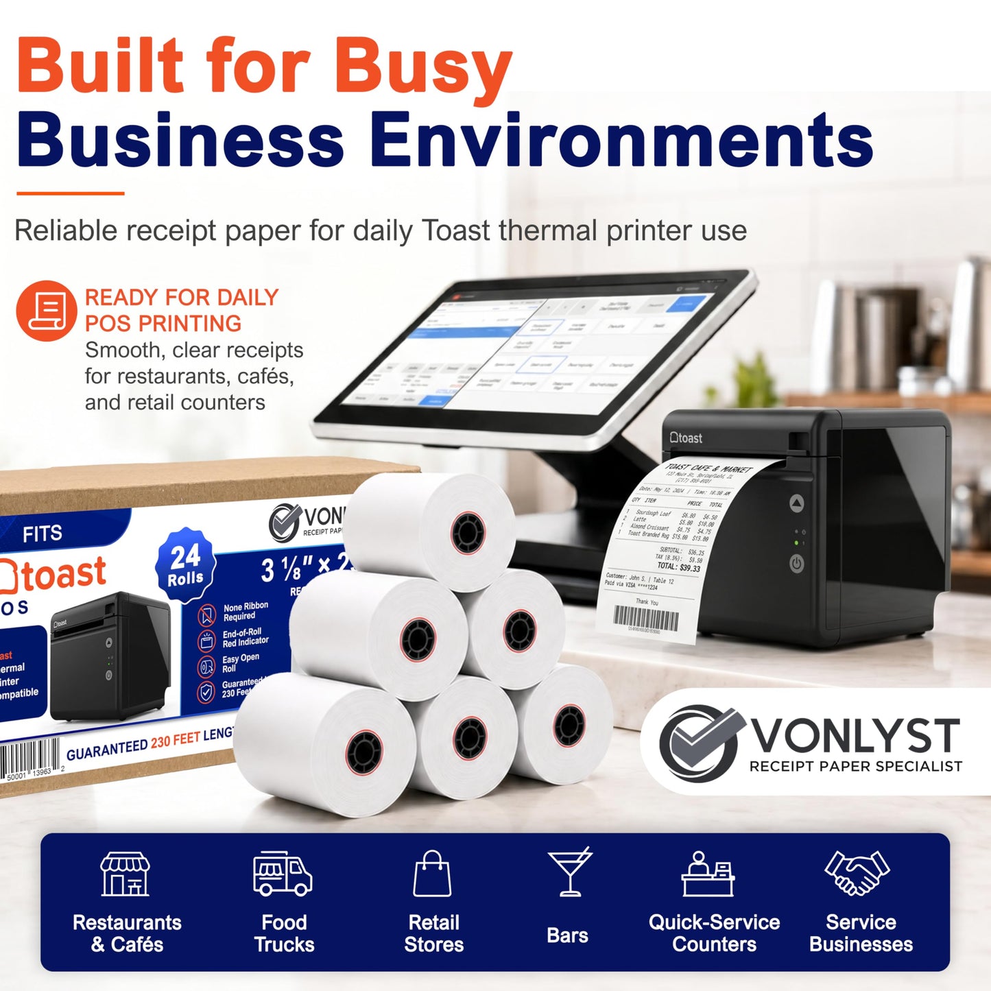 Vonlyst Thermal Printer Paper Roll for Toast TP200 Receipt Printer Point of Sale (24 rolls)