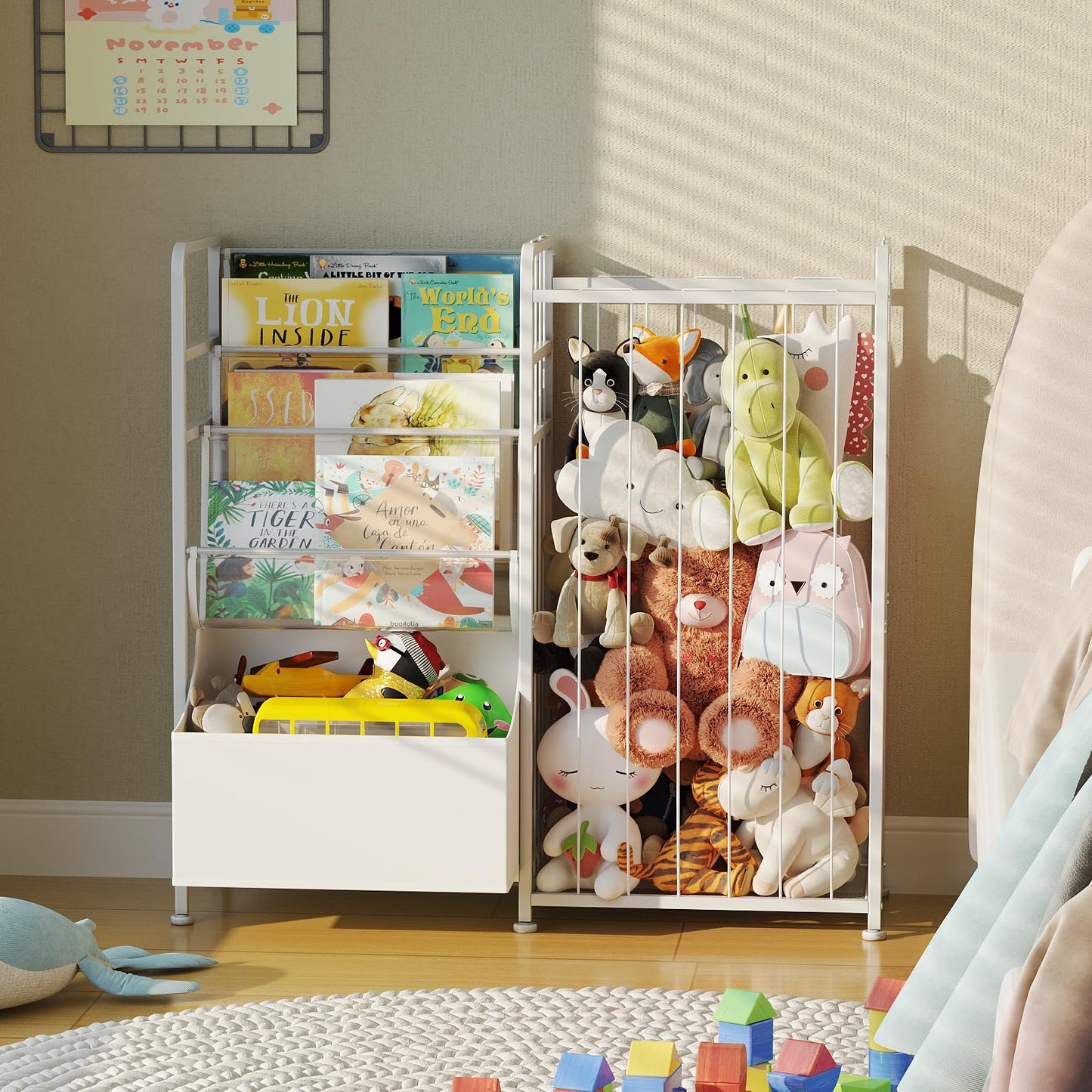 BBLIKE Kids Bookshelf and Stuffed Animal Storage - Multi-Function Nursery Book Shelves with Leather Toy Box and PVC Book Display, Toy Organizer for Playroom, Bedroom, Nursery, White
