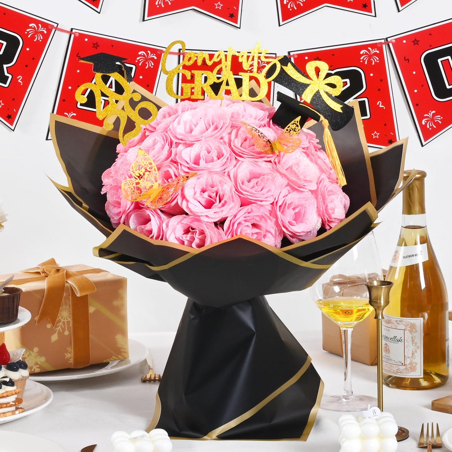 Waipfaru 2026 Graduation Gifts, Glitter Roses Bouquet, Graduation Gift for Her, DIY Fake Flowers Bouquet with Graduation Stand-Up Signs, 36 Pink Roses, for High School/College/Middle School Grads