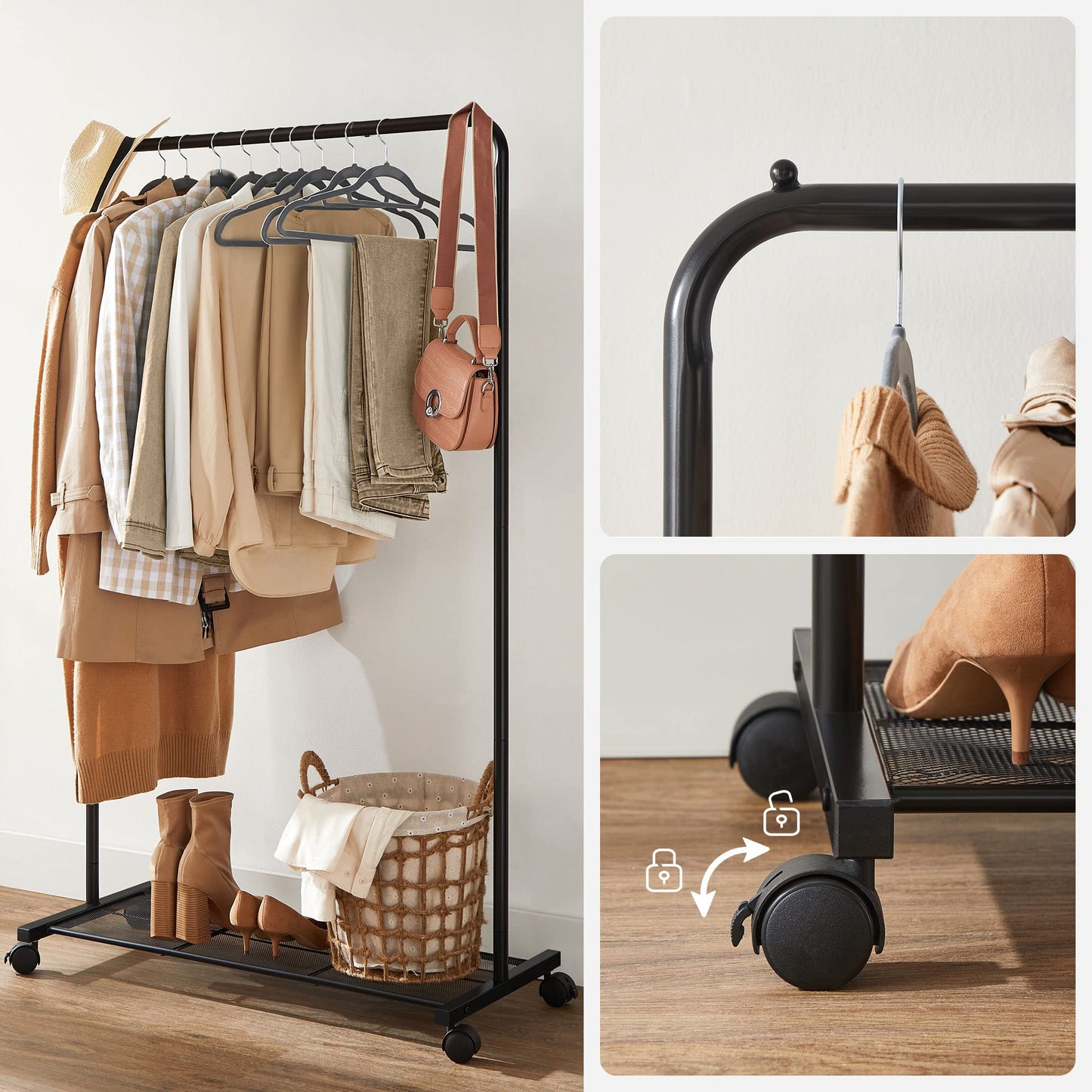 SONGMICS Clothes Rack with Wheels, Clothing Rack for Hanging Clothes, 25.4 mm Metal Garment Rack with Dense Mesh Storage Shelf, 110 lb Load Capacity, 2 Brakes, Black UHSR25BK