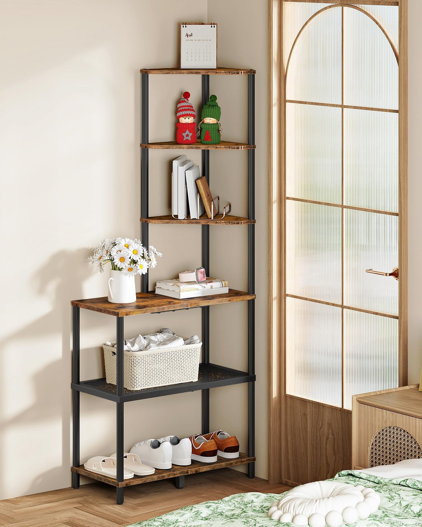 CHOEZON 6-Tier Corner Shelf, Industrial Corner Bookshelf with Desk Top, Diamond-Shaped Storage Shelves, Display Stand for Small Spaces, Living Room, Home Office, Foyer, Rustic Brown and Black TCJ70BF