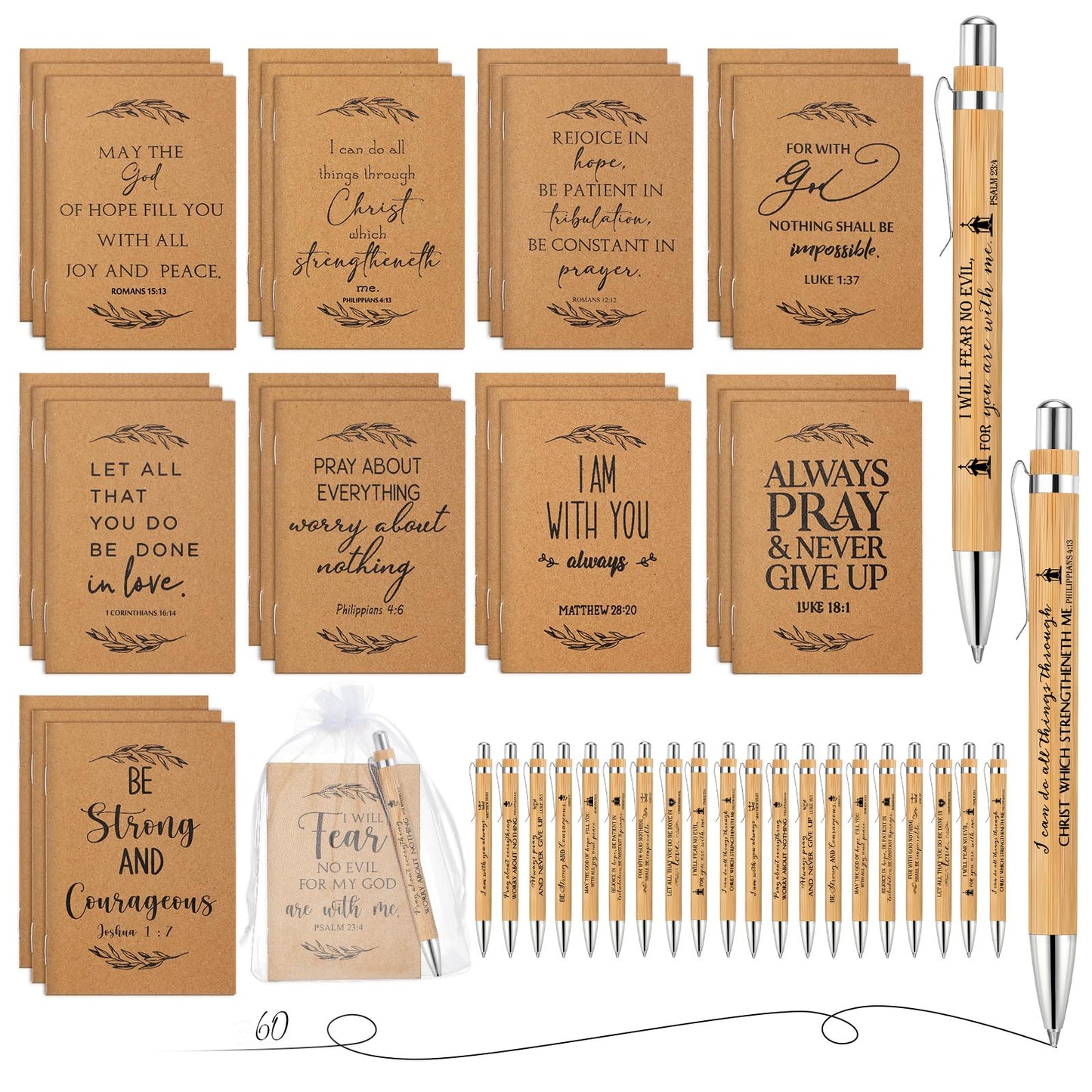 Jutom 60 Set Fathers Day Christian Gift Retractable Bamboo Pens and Kraft Bible Verse Notebooks Religious Inspirational Notebooks with White Organza Gift Bag for Church Pastor Mom Dad Grandparents