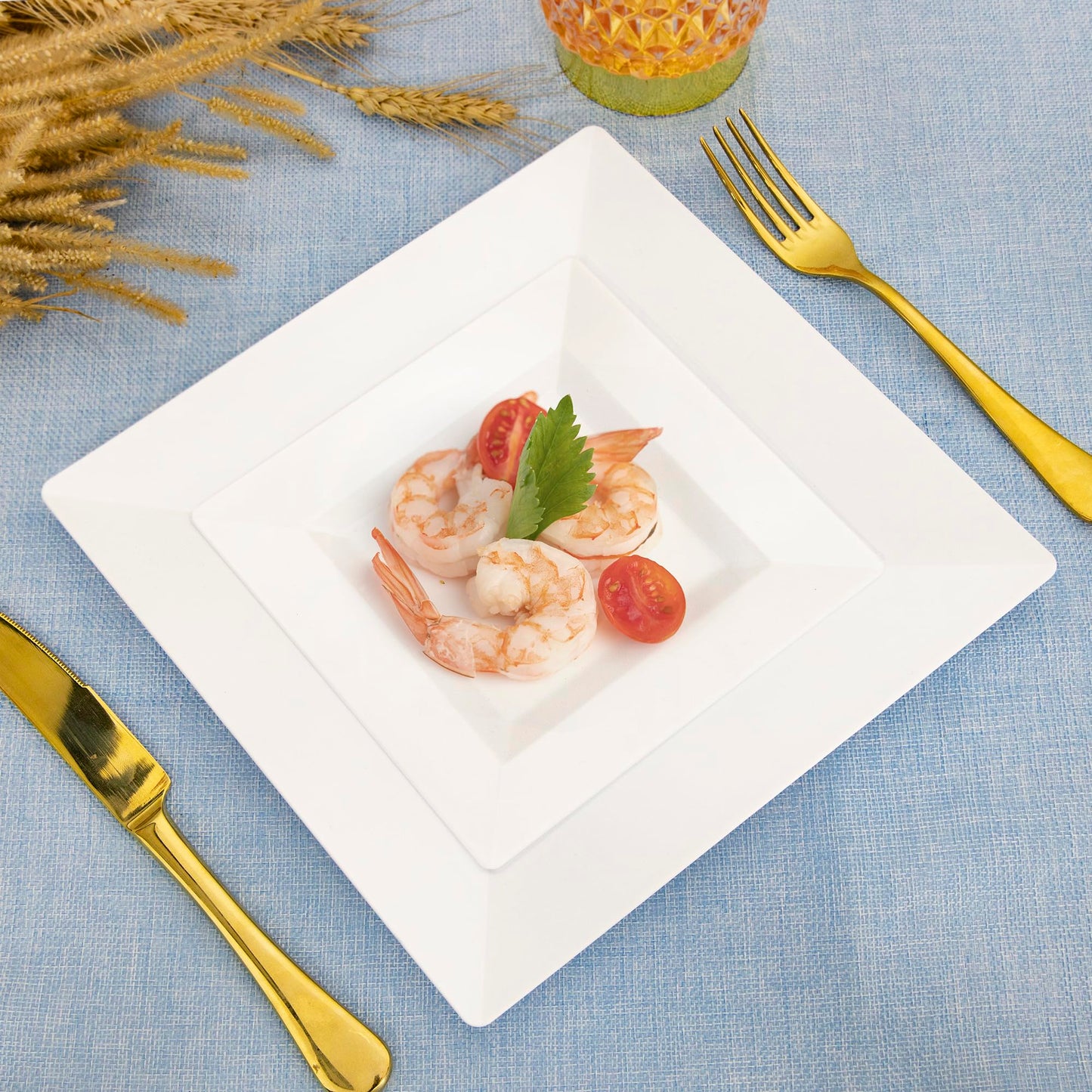 SETUP 100-Piece White Square Plastic Dinnerware Set – 50 9.5" Dinner & 50 6.5" Salad Plates – Heavy-Duty Disposable for Weddings, Catering, Parties