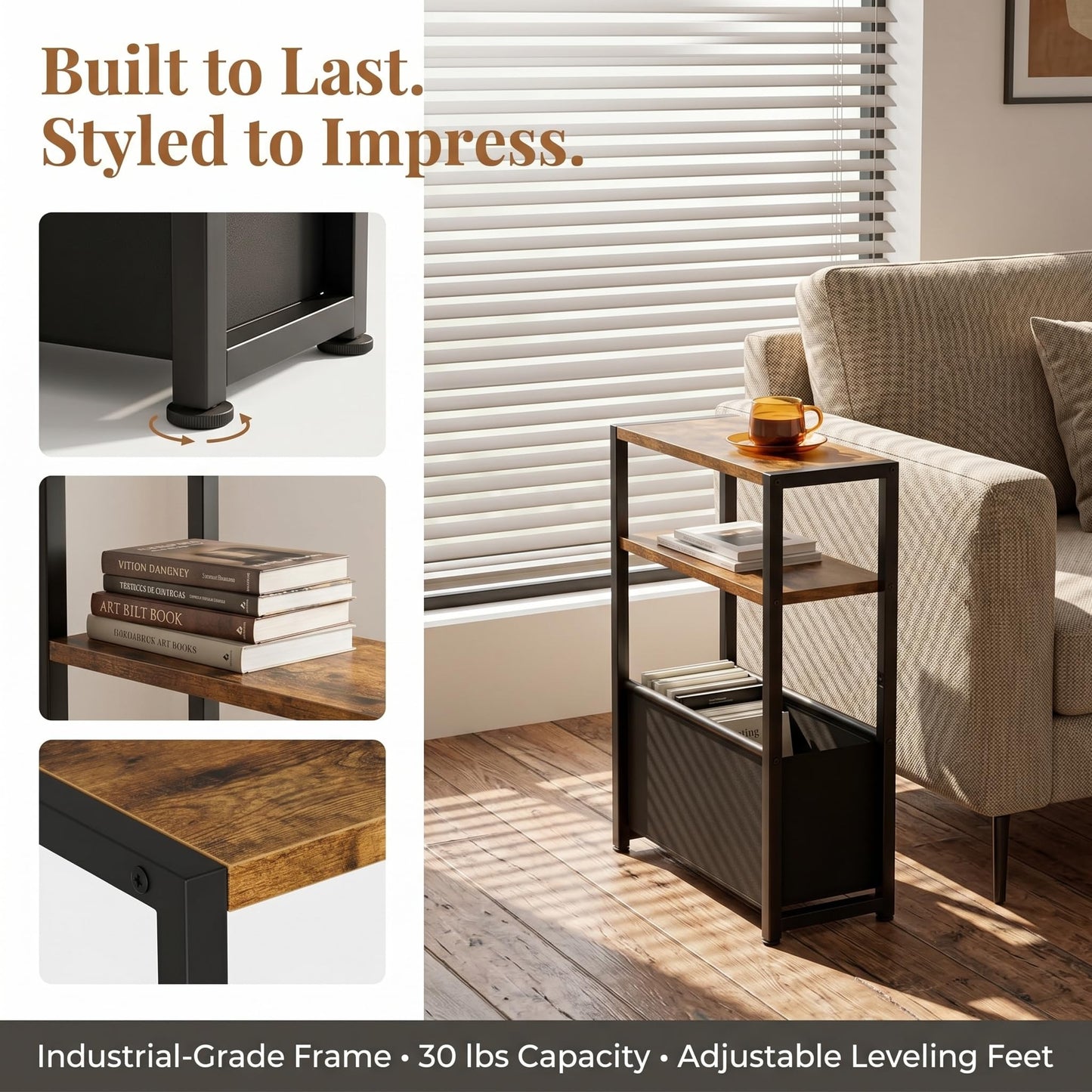 Leomonio Narrow Side Table, Slim End Tables with Fabric Basket, Skinny Table for Small Spaces, Thin Bedside Table for Living Room, Bedroom