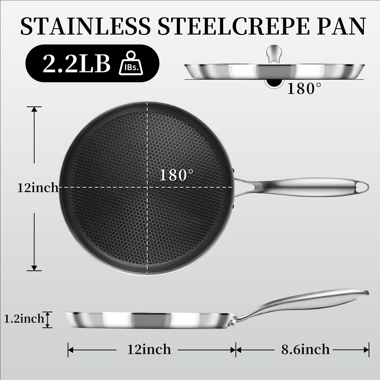 Innerwell Nonstick Crepe Pan 12 inch Stainless Steel Crepe Pan Honeycomb Coating Flat Skillet Tawa Dosa Tortilla Pan,Omelet Pan with All Stove Tops Available, Induction Compatible