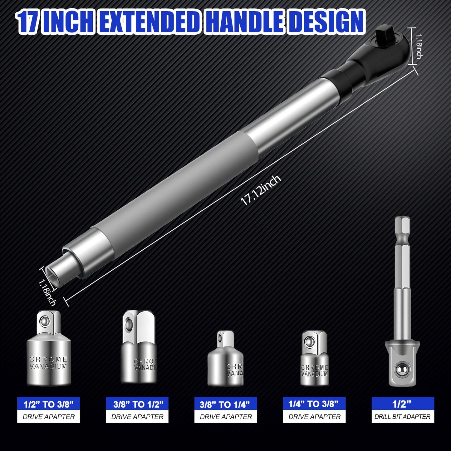 1/2" Offset Extension Wrench Impact for Electric Drill with 3/8" & 1/4" Adapters set, Impact Ratchet Extender for Tight Spaces