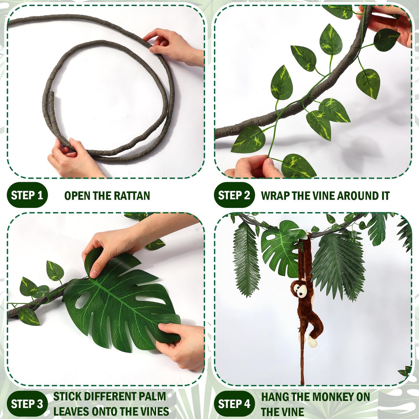 Suncalla 90 Pcs Jungle Theme Decoration Tropical Rainforest Safari Party Decor 4 Hanging Monkey Stuffed 14.4 ft Pothos Vines 20ft Artificial Rattan 60 Palm Leaf Set for Birthday Classroom Party (20ft)