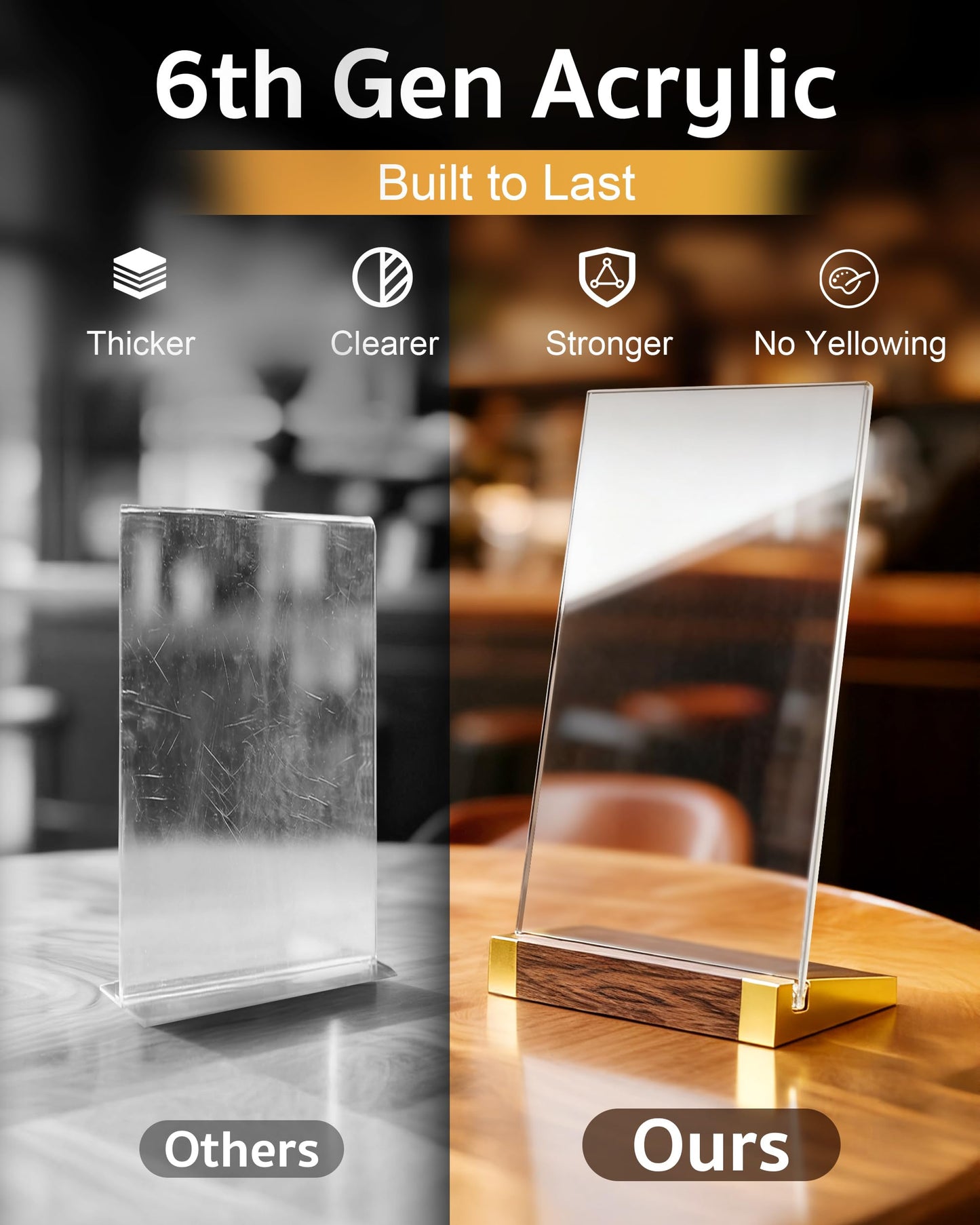 3 Pack Acrylic Sign Holder 8.5 x 11 Inch with Walnut Wood Base, Clear Tabletop Acrylic Display for Menu & Flyer Holder, Commercial Paper Stand for Restaurant, Office, Coffee, Bar, Wedding, Hotel