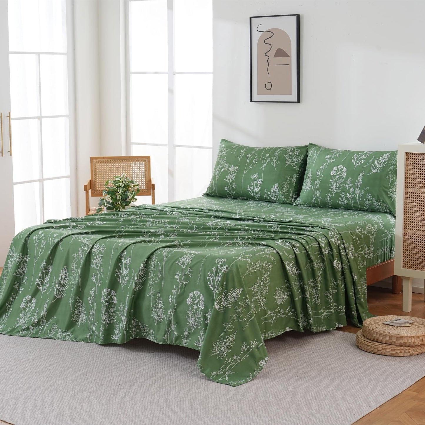 Yibeizi Green Floral Sheet Set Queen, Botanical Rustic Pattern Bed Sheets Boho Bedding Sheets & Pillowcases Soft Microfiber 15" Extra Deep Pocket Fitted Bedsheet 4 Piece