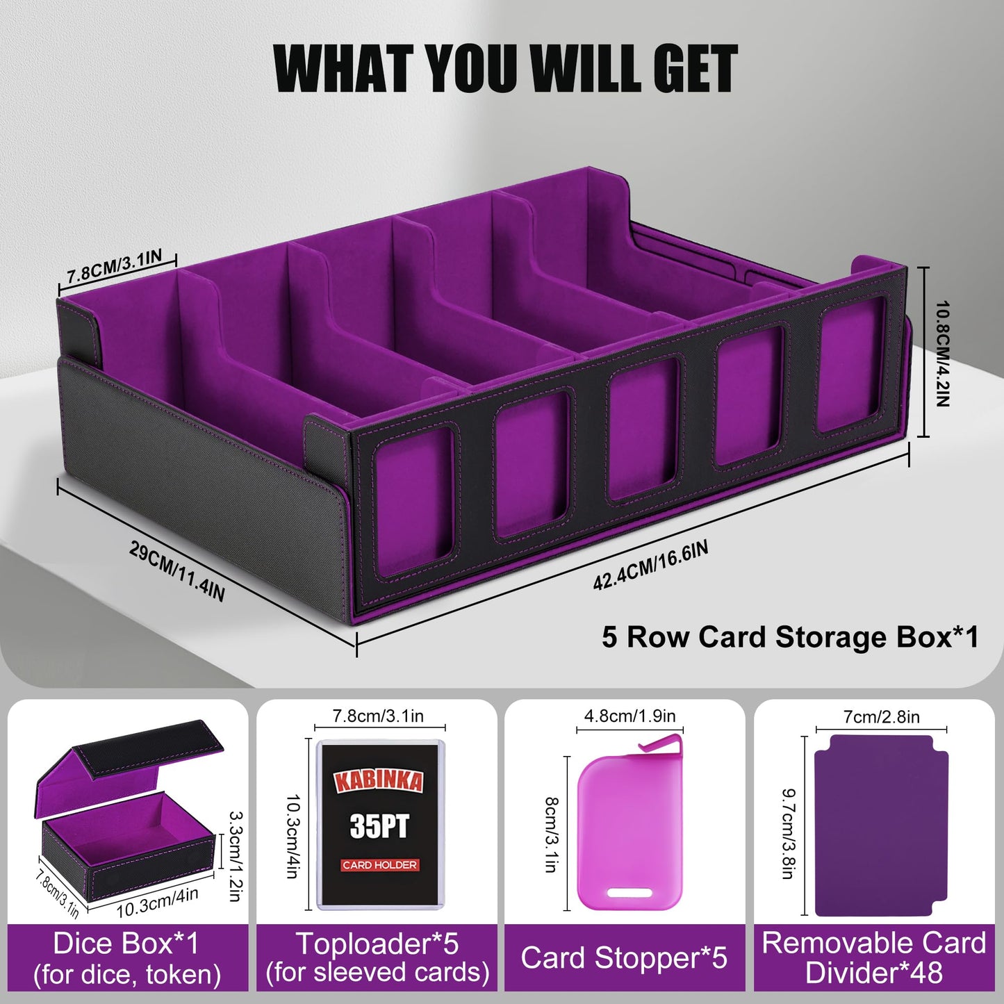 Trading Card Storage Box with Commander Display , 5-Row Deck Case with Removable Lid; 3900+ Card Deck Box for MTG TCG Sports Card, 5 Toploaders, 5 Stoppers, 48 Dividers,1 Dice Tray (Black Purple)