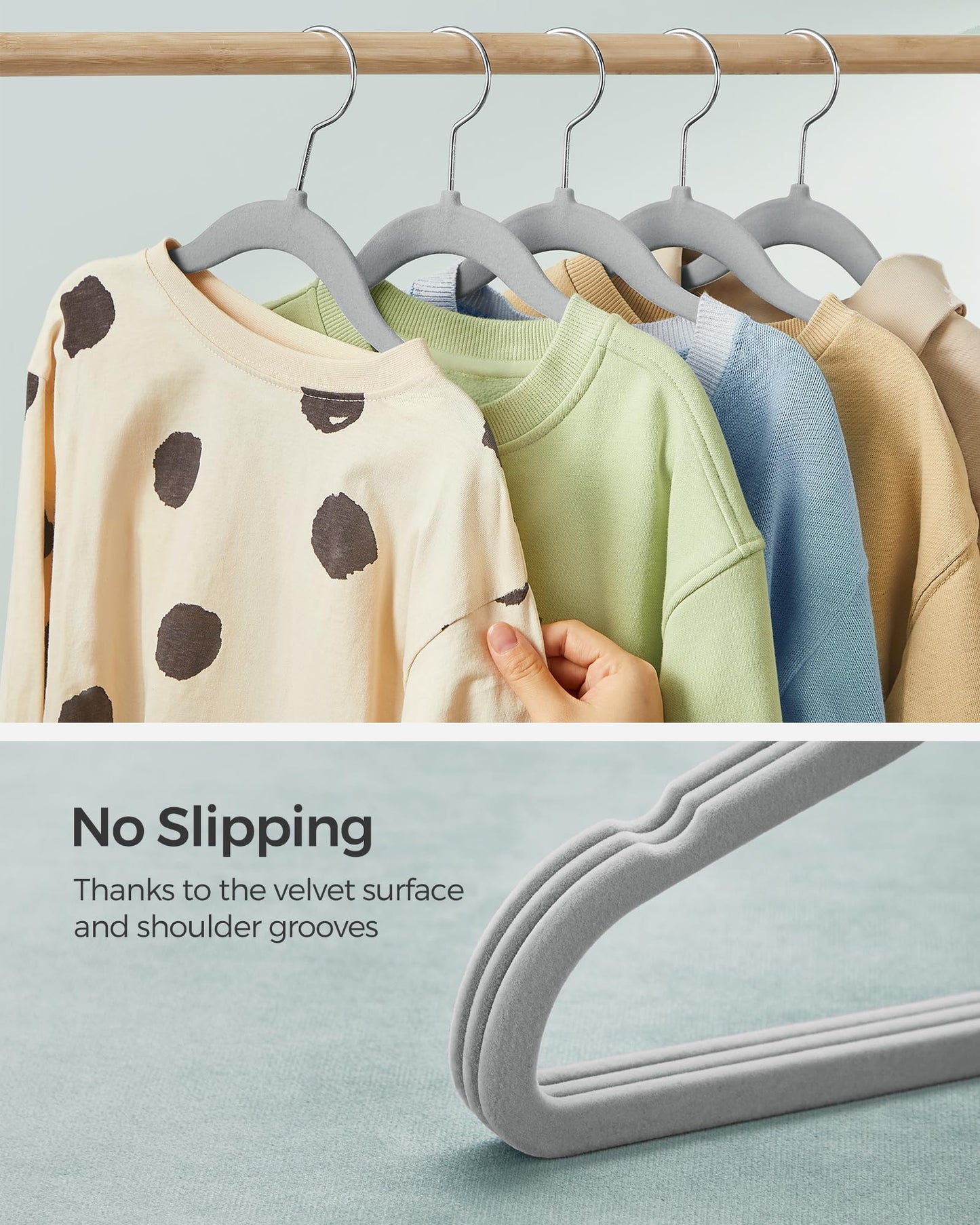 SONGMICS Baby Kids Hangers 50 Pack for Closet, 11.8 x 8.1 Inches, Silver 360° Swivel Hooks, Space-Saving Clothes Velvet Hangers for Nursery, Non-Slip, Dove Gray UCRF027G05