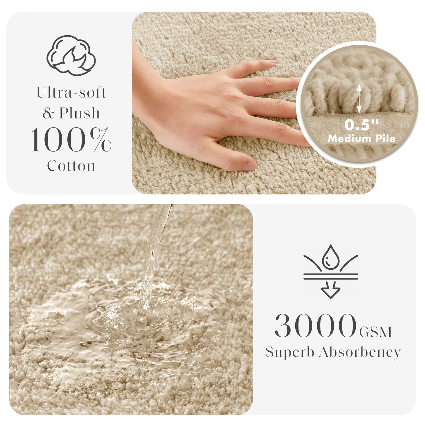 Madison Park Splendor Reversible 100% Cotton Tufted Bathroom Rug-3000 GSM Hotel Quality Luxurious Plush Medium Pile Bath Mat Absorbent, Quick Dry, Shower Room Décor, 24x60 Natural