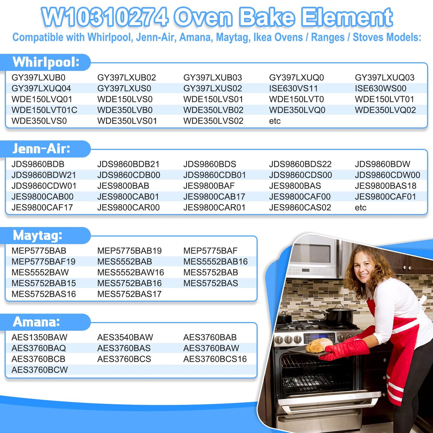 UPGRADED W10310274 Oven Bake Element Compatible with Whirlpool Maytag Jenn-Air Amana Range Ovens Parts,WPW10310274 Oven Lower Bake Element Replacement 1863288 74010883 7406P439-60 Heating Element