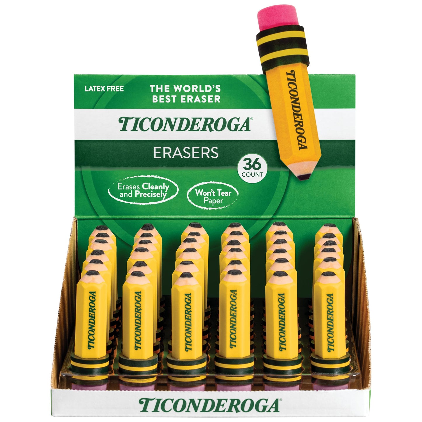 TICONDEROGA Erasers, Pencil Shaped, Yellow, 36-Pack (38936)