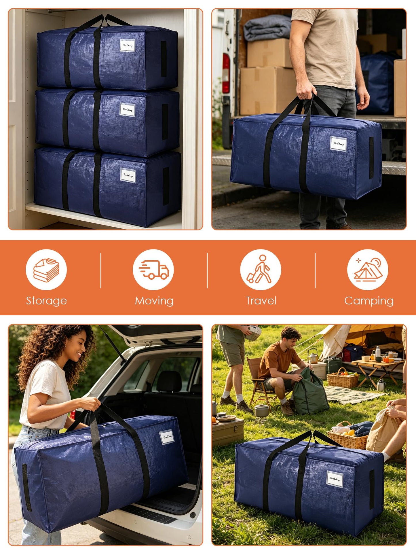 SWEET DOLPHIN 12 Pack 200LB Heavy-Duty Moving Bags with Wrap-Around Handles, Extra Large Storage Totes for Space Saving, Clothes Storage Bags, College Dorm Essentials, Blue, 24 Gal