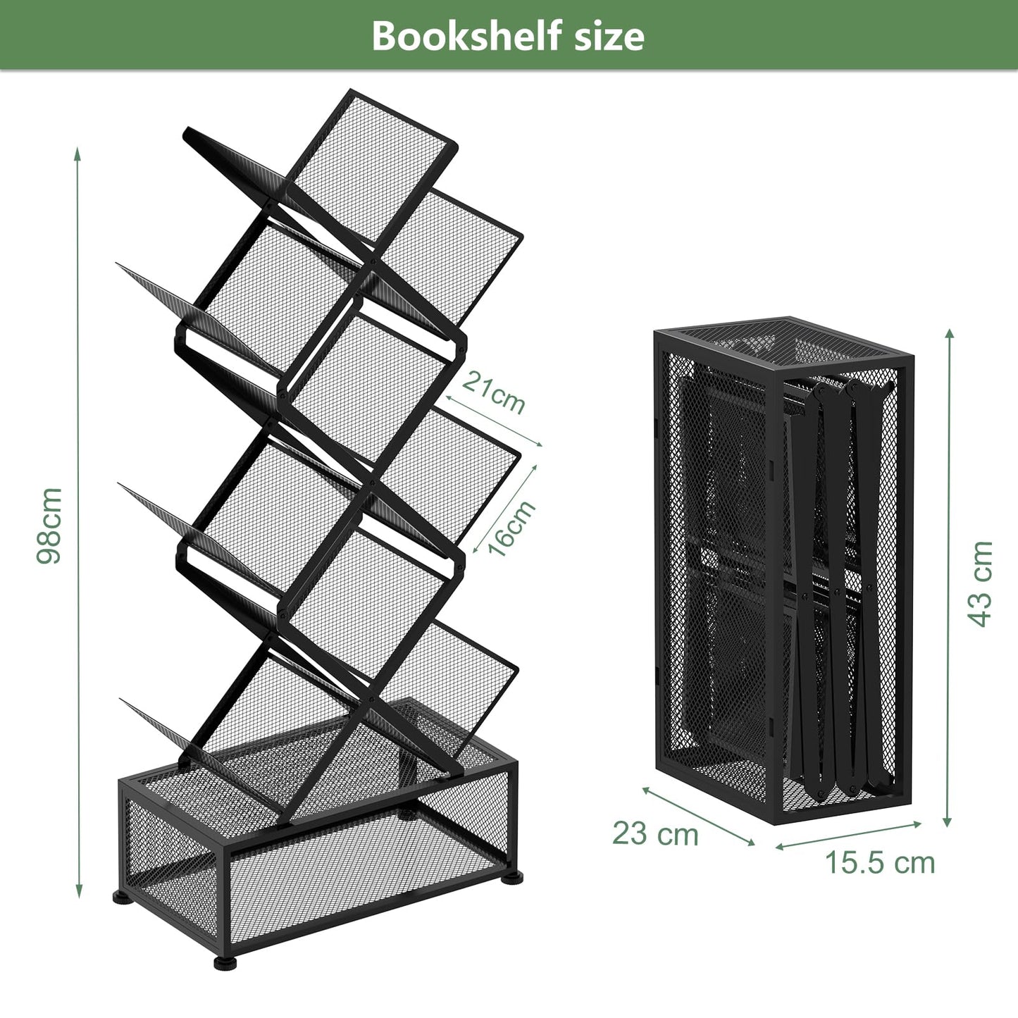 Gintan 9-Tier Space Saving Book Shelf with Storage,Bedroom Shelves Folding Bookshelves,No Installation Required Shelf Tree Metal Bookshelf for Living Room,Study,Home Office,Bed Room (Black)