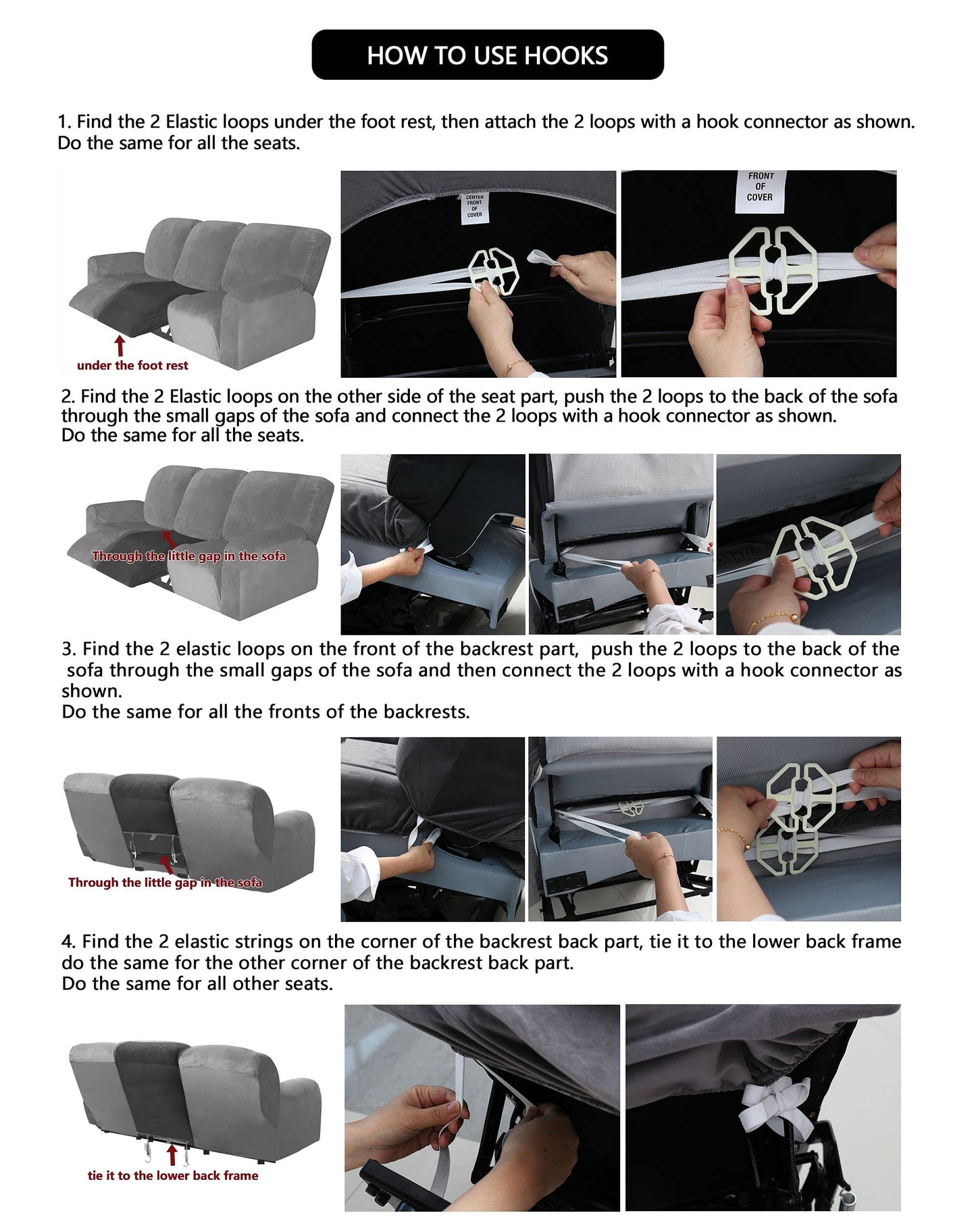 ULTICOR Velvet 8-Pieces Recliner Sofa Covers Stretch Reclining Couch Covers for 3 Cushion Reclining Sofa Slipcovers Furniture Covers Thick Soft Washable (3 Seater Recliner Cover, Dark Gray)
