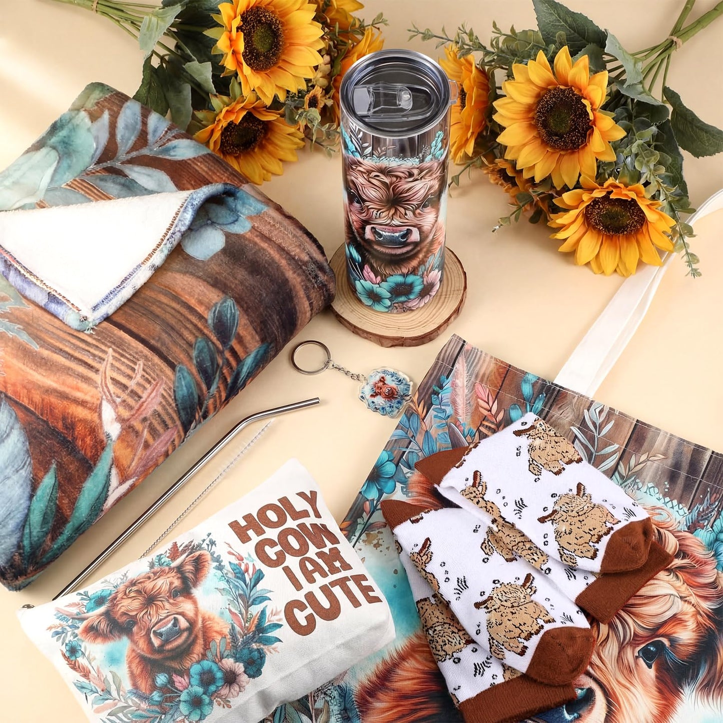 Tiangrid 6 Pcs Highland Cow Gifts for Women Include 20 oz Stainless Steel Tumbler with Lid and Straw Cosmetic Bag Throw Blanket Keychain Socks Handbag for Women Girls(Teal & Brown)