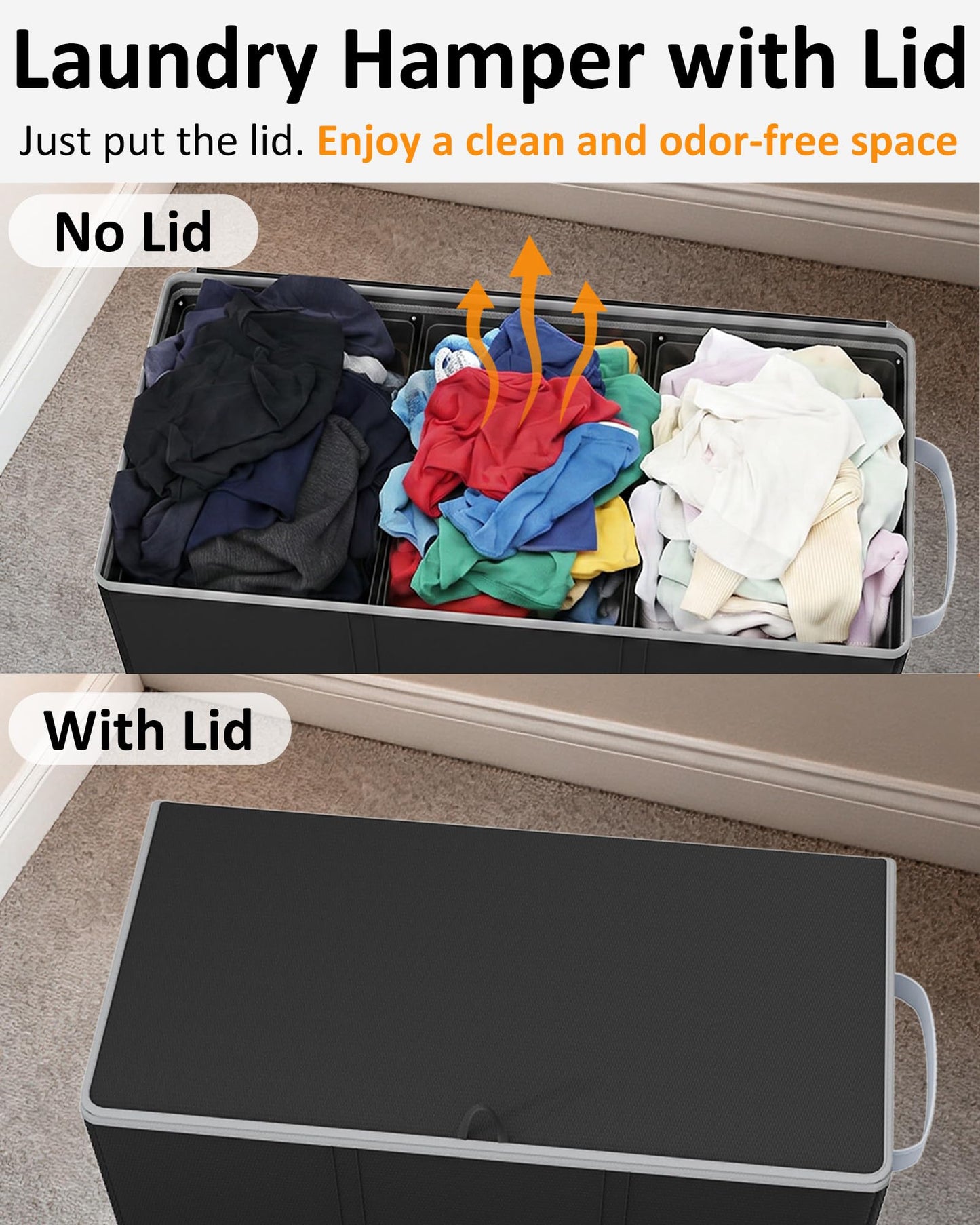 Optish 180L Laundry Hamper 3 Section, Large Laundry Hamper with Lid, Dirty Clothes Hampers with 3 Inner Bags, Laundry Basket Organizer for Laundry, Bedroom, Bathroom, Hamper 3 Compartment, Black