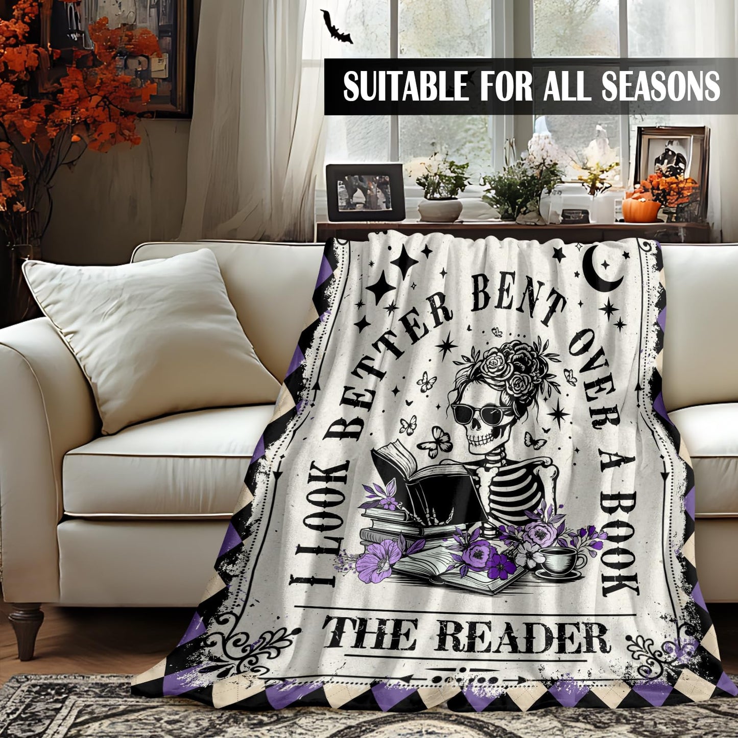Book Lovers Gifts - Smutty Book Lover Gifts for Women - Skeleton Reading Blanket for The Reader - Bookworm Bookish Books Club Librarian Reading Gift - Gothic Spicy Blanket for Christmas Birthday 50x60